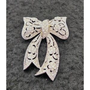 Vintage Filigree Bow Brooch Silver Tone Pave Crystal Ribbon Pin Unmarked